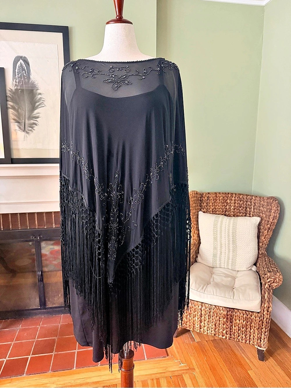 NWT Lane Bryant Black Silk Beaded Fringe Evening Cape Shawl Size 14/20